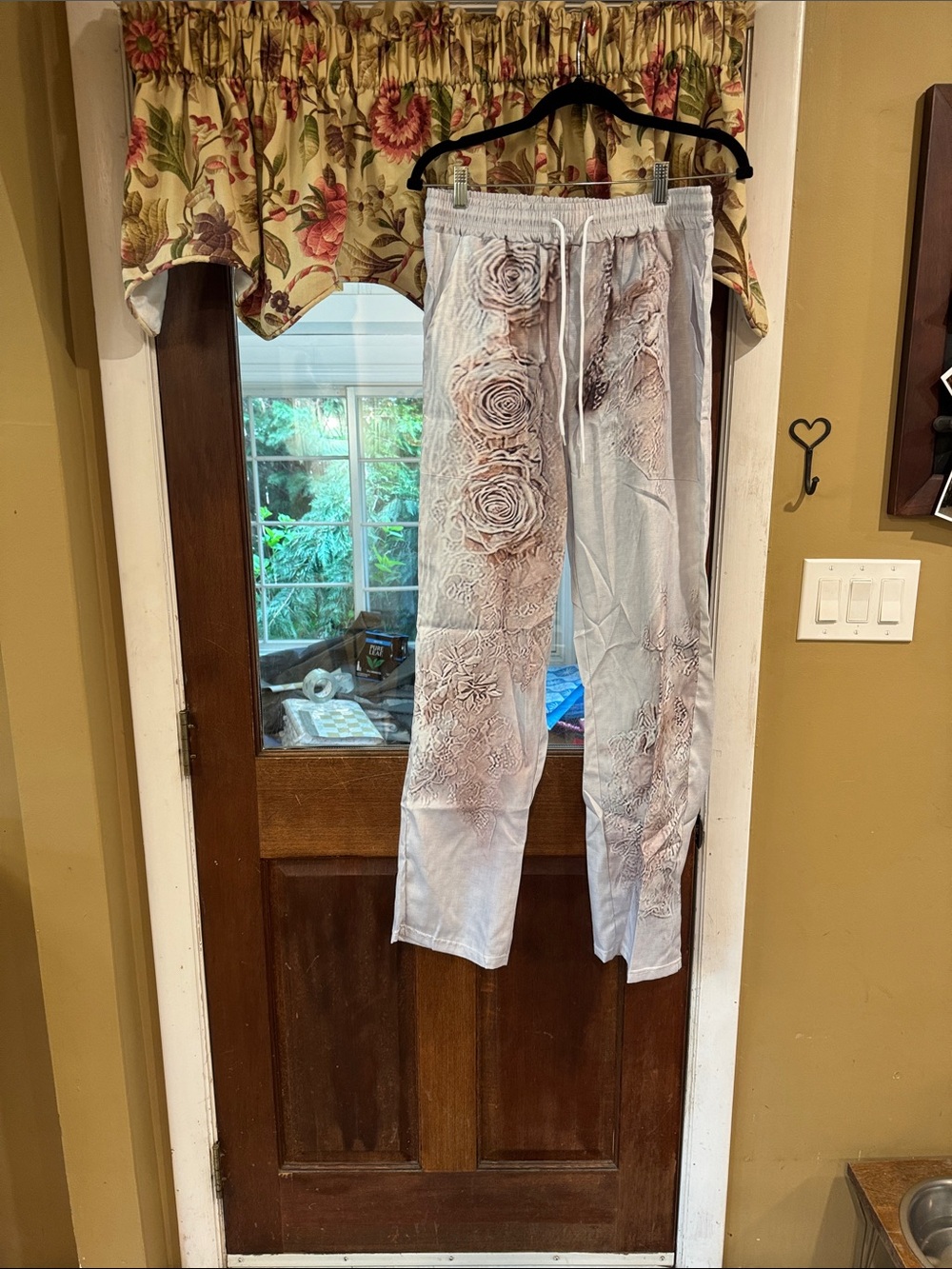 Embroidered Rose-Panel Drawstring Pants in Light Gray and Blush